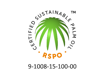 RSPO logo: Round certificate for sustainably certified palm oil, No. 9-1008-15-100-00.