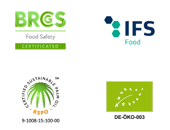 Four quality certificates: BRCS, IFS Food, RSPO and EU Organic.