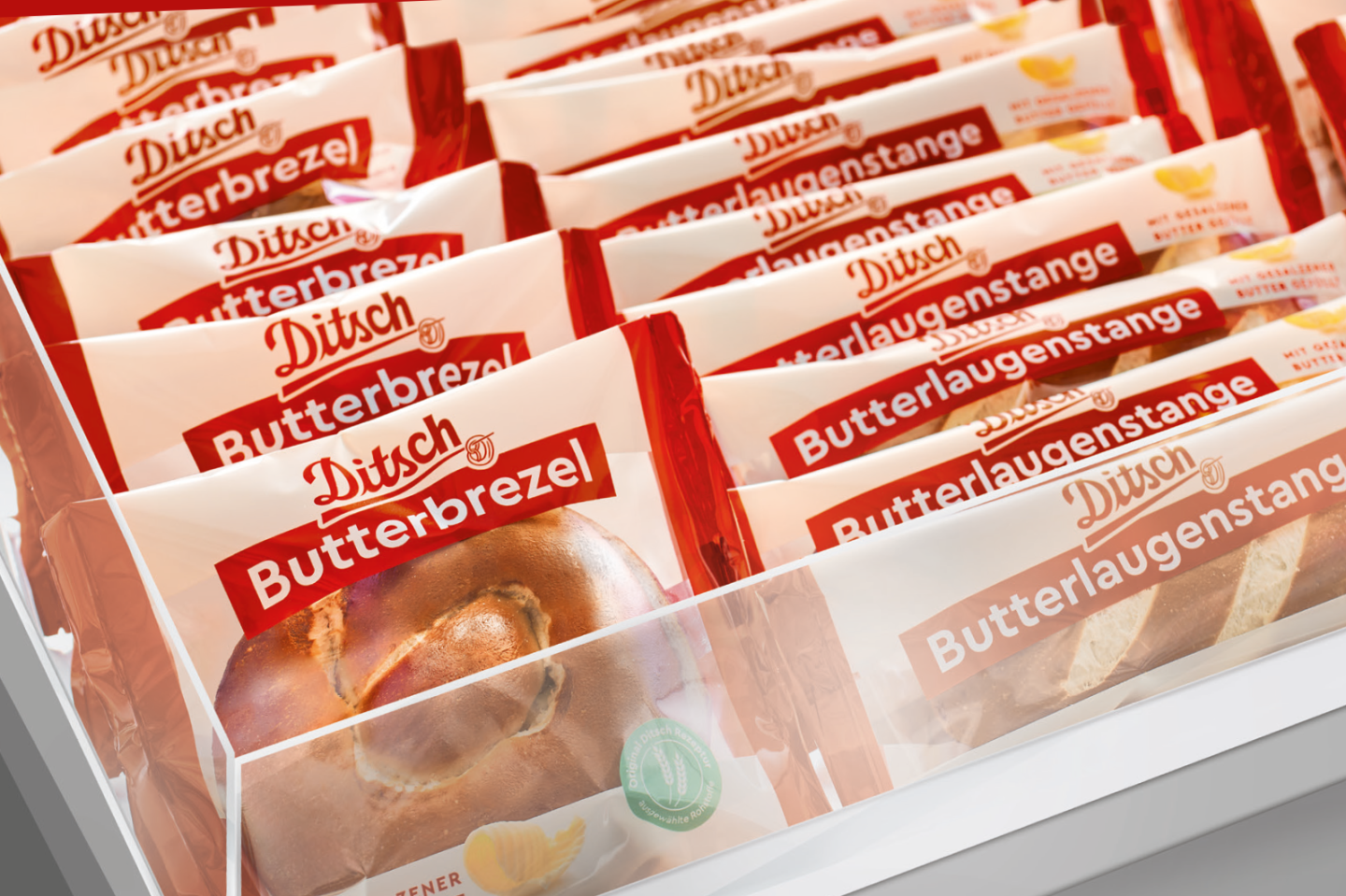 Various Ditsch pretzel products, individually wrapped and lined up.
