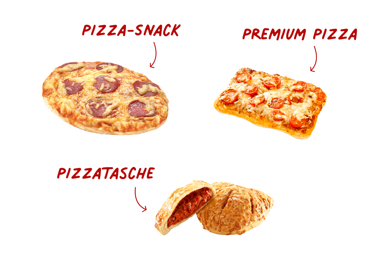 Drei ausgestellte Ditsch-Pizzaprodukte: Pizza-Snack, Premium Pizza und Pizzatasche.