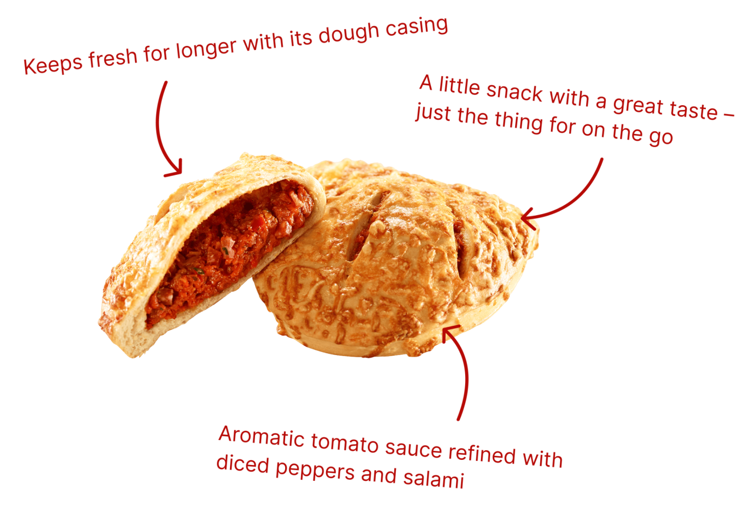 Filled calzone snack with tomato sauce, peppers and salami, highlighting freshness and on-the-go convenience.