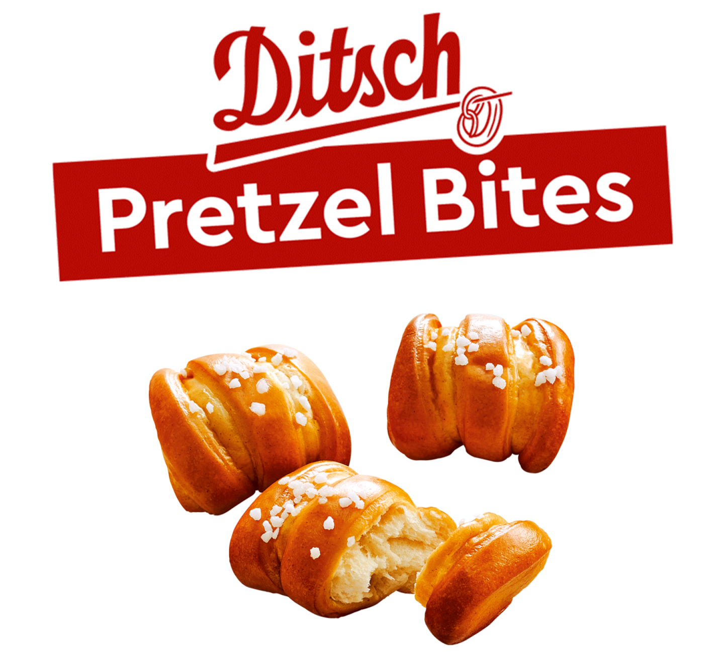 Drei freistehende Prezel Bites. Darüber das rote Ditsch Logo und Schriftzug Prezel Bites.