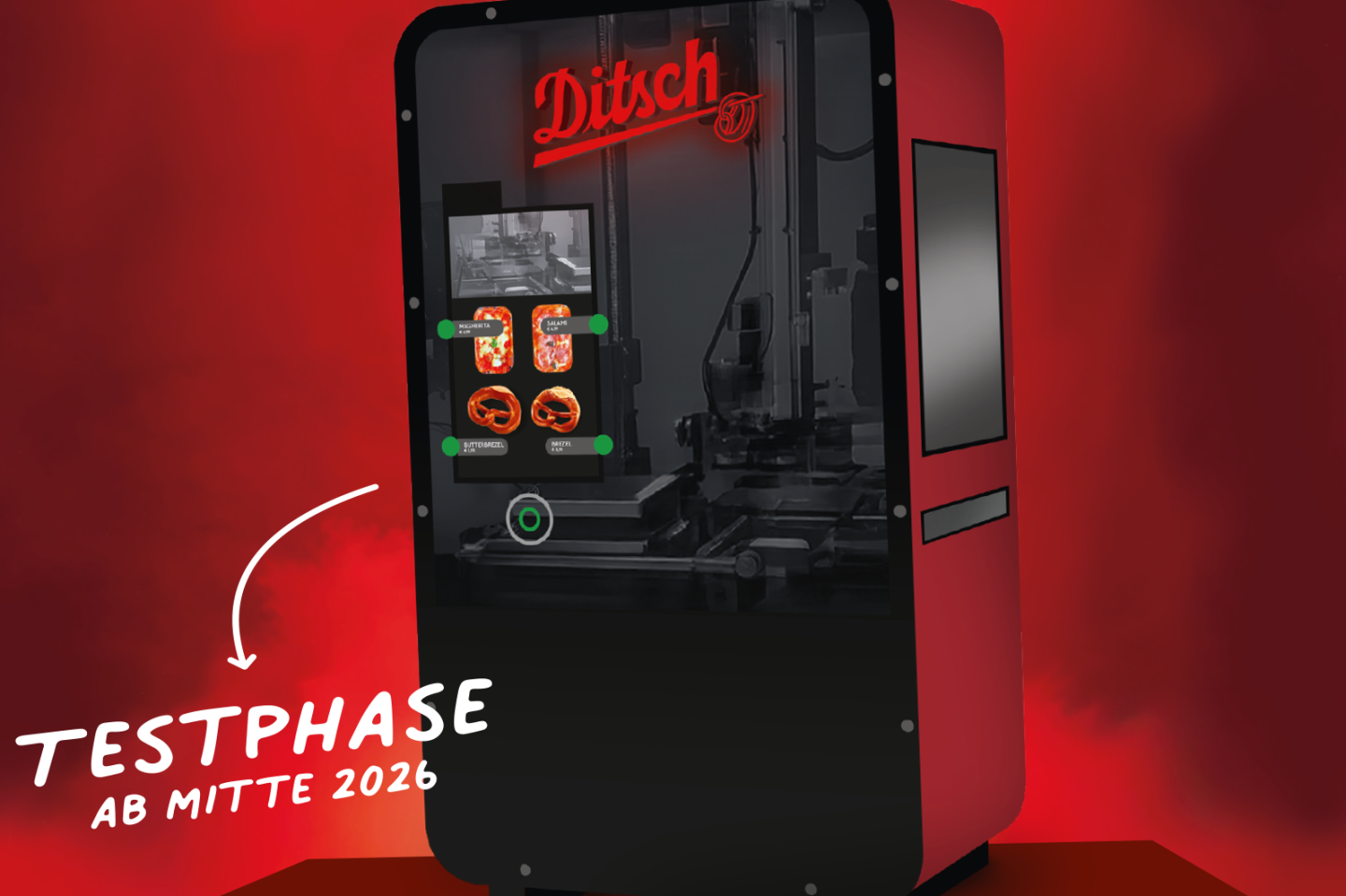 Schwarzer Ditsch-Backautomat mit rotem Logo – Testphase ab Mitte 2026 geplant.