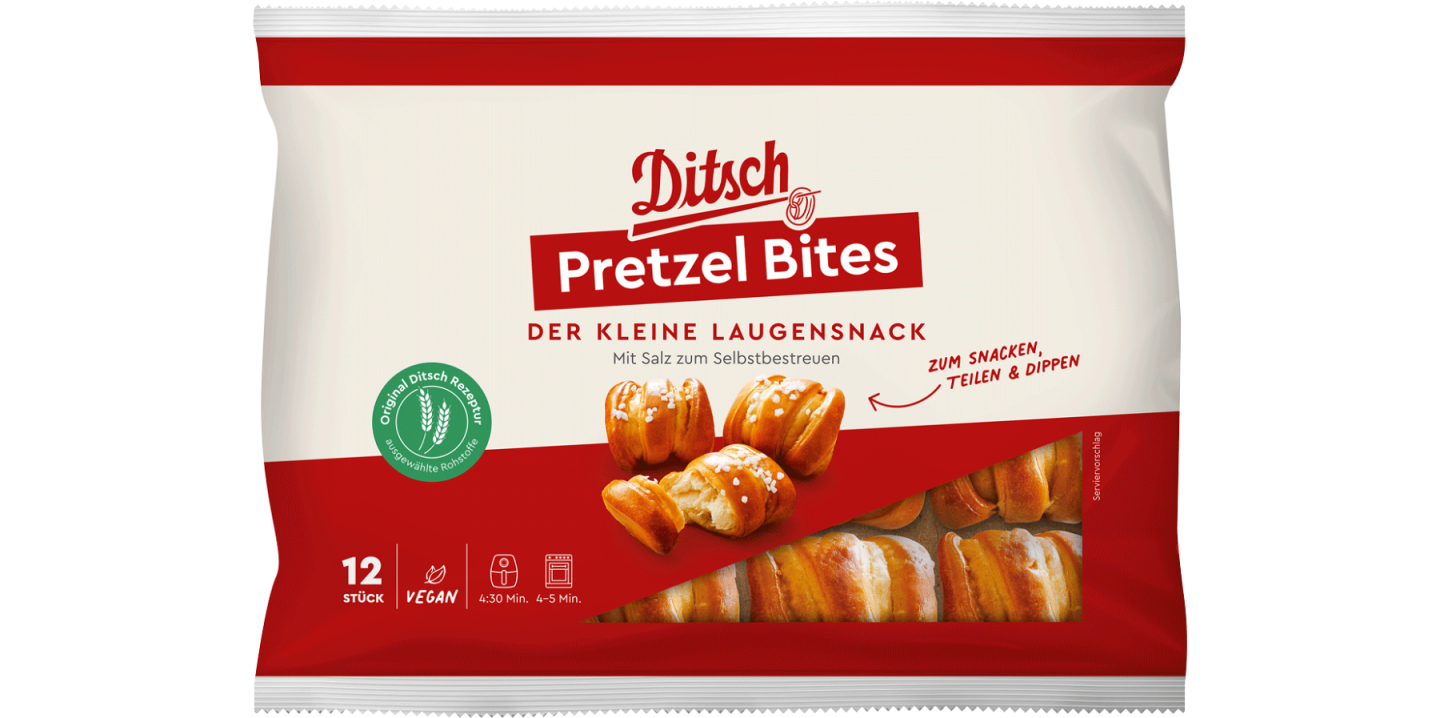 Ditsch Pretzel Bites packaging: 12 pieces, vegan, for snacking, sharing and dipping.