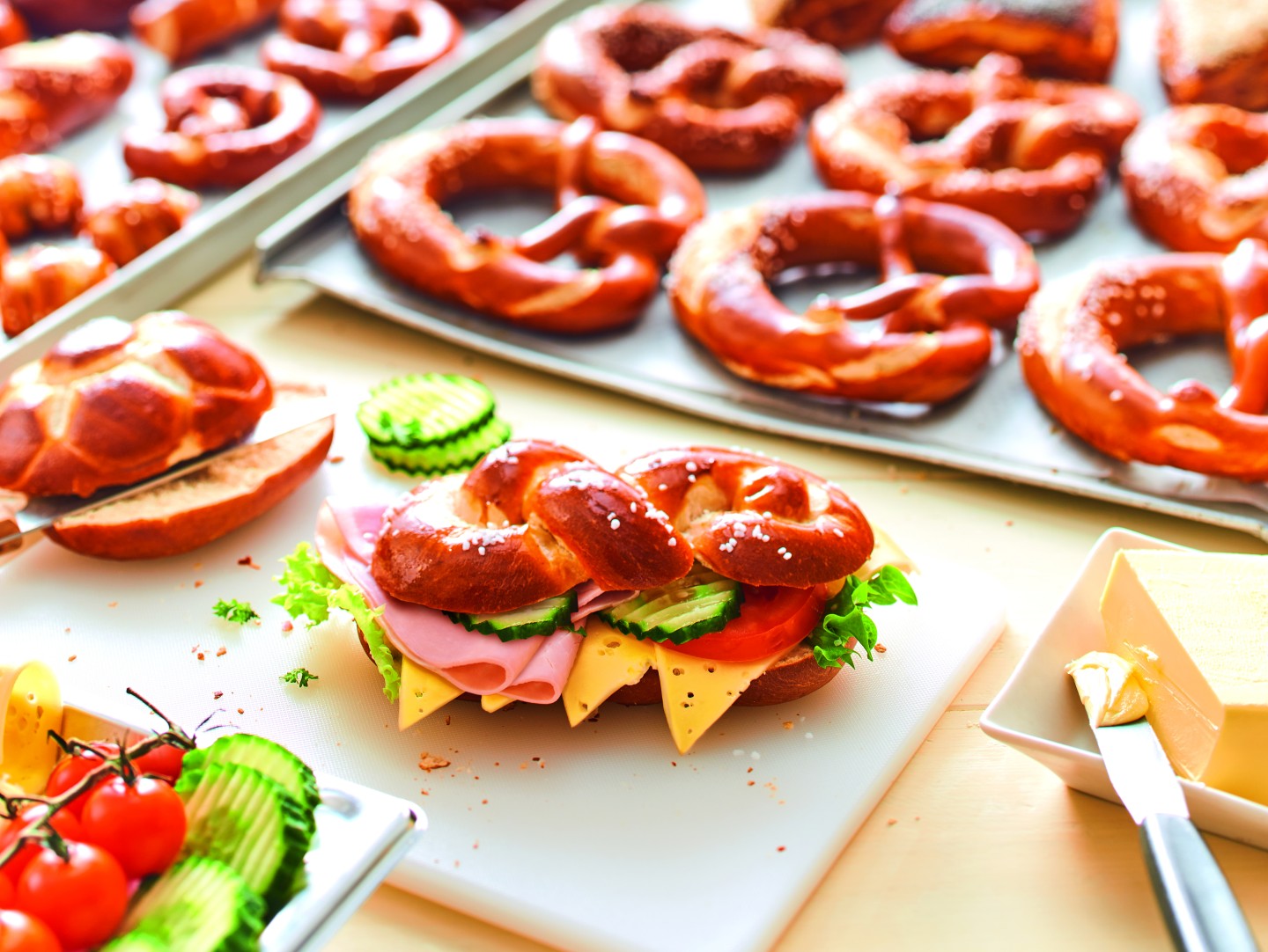 Various types of filled pretzel baguette.