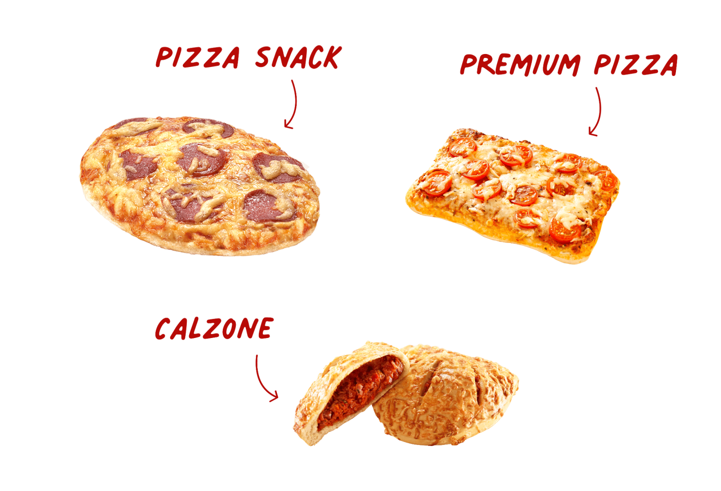 Pizza snack, premium pizza and calzone product selection on a white background.