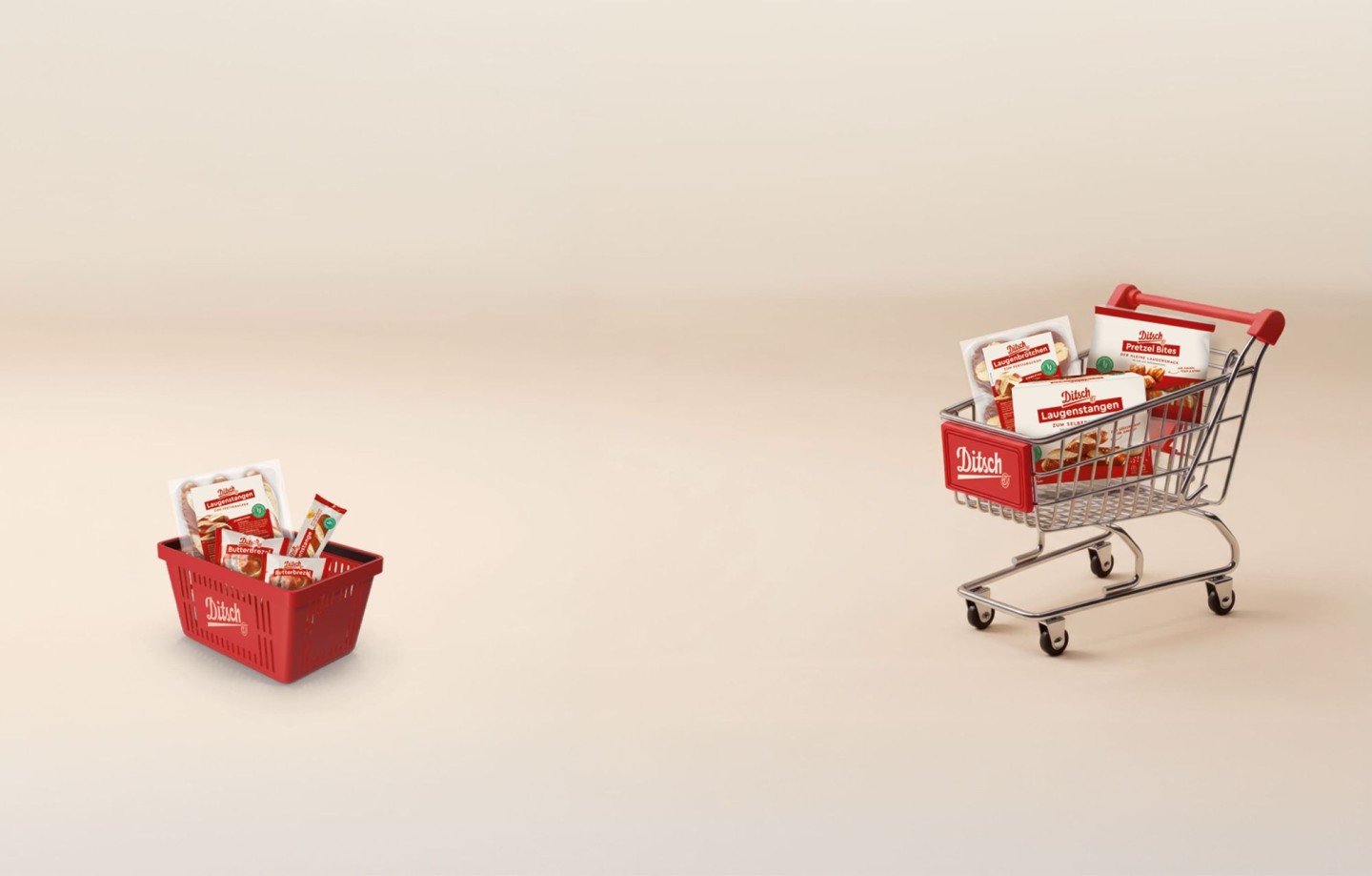 Ditsch Einkaufskorb und Einkaufswagen mit verpackten Laugenprodukten.