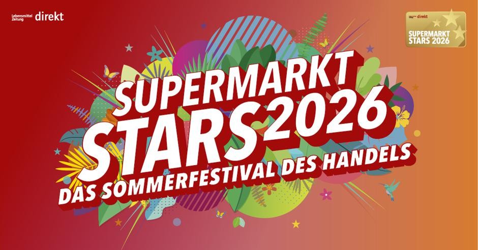 Red banner Supermarkt Stars 2026 - The Summer Festival of Trade with colorful plants.