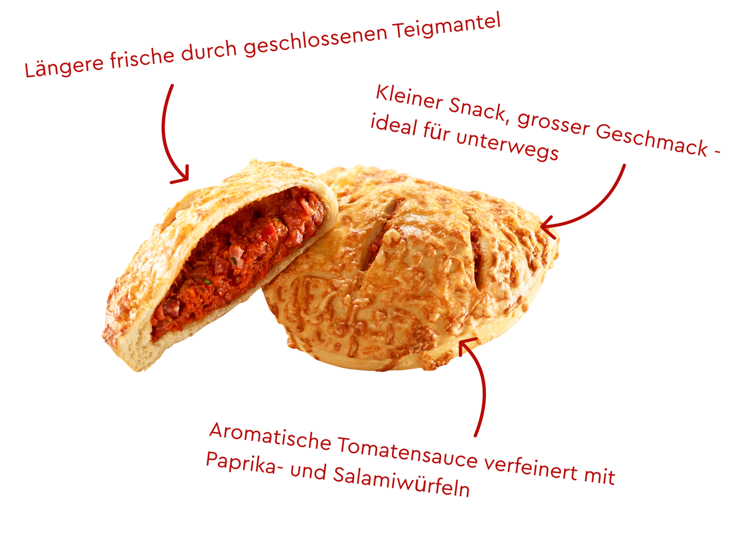 Goldbraune, aufgebrochene Ditsch Calzone mit roter Tomaten-Kaese-Fuellung, freigestellt.