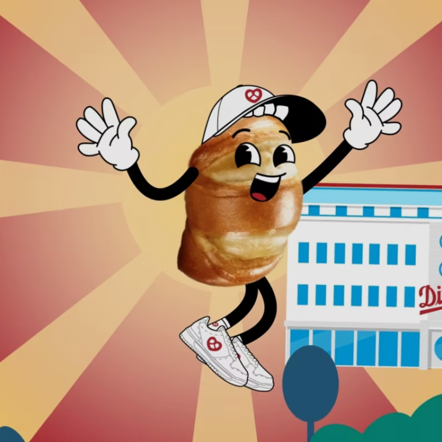 A cheerful Ditsch bun in front of the factory in Mainz.